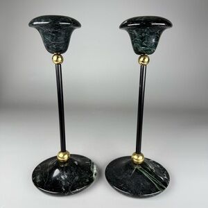Pair of Vintage 1980’s Vermont Green Marble with Brass Accents Candleholders